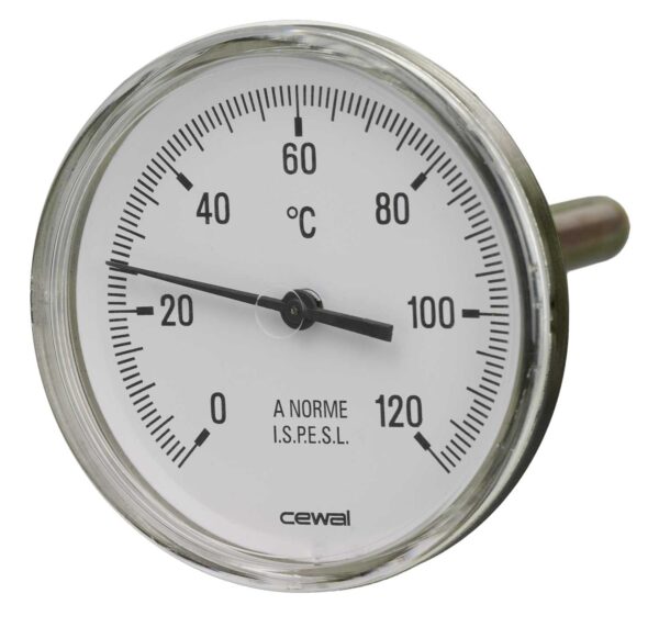 91629100 Front 100mm - Bimetal Stem Thermometer - Back Stem - Accuracy Class 2